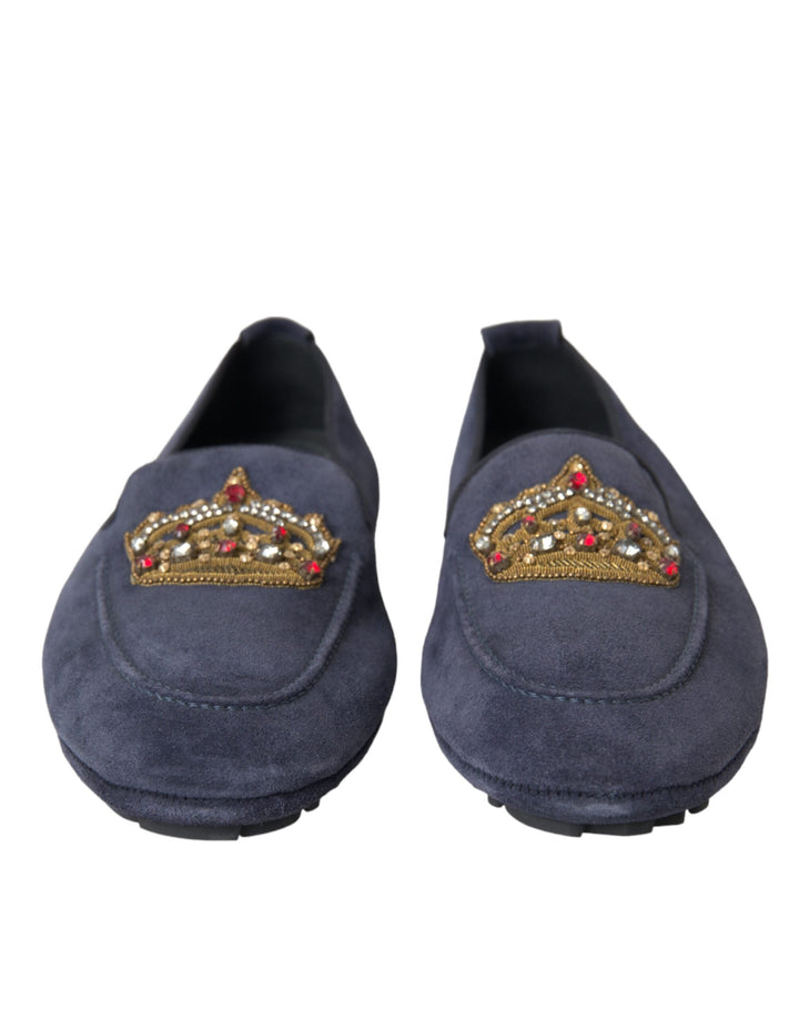 Men’s Dolce &amp; Gabbana Blue Leather Suede Crystal Crown Loafers Shoes