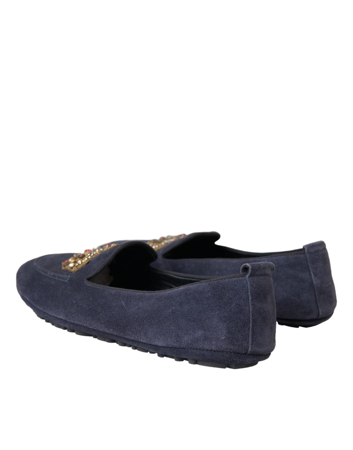 Men’s Dolce &amp; Gabbana Blue Leather Suede Crystal Crown Loafers Shoes