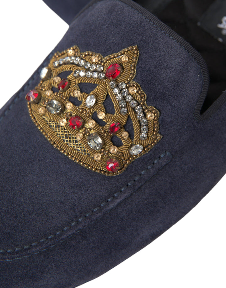 Men’s Dolce &amp; Gabbana Blue Leather Suede Crystal Crown Loafers Shoes