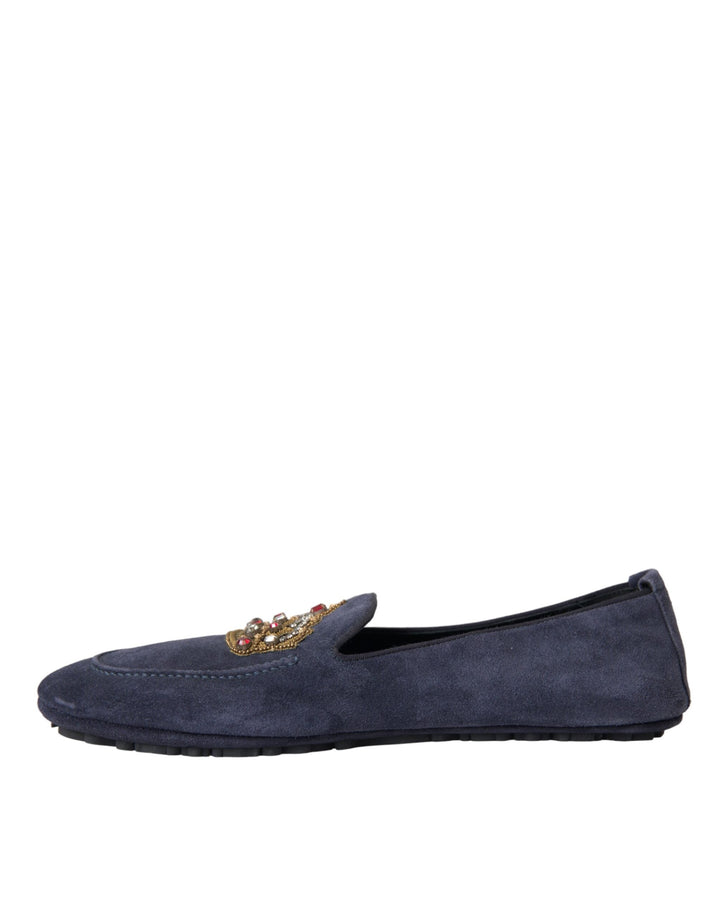 Men’s Dolce &amp; Gabbana Blue Leather Suede Crystal Crown Loafers Shoes