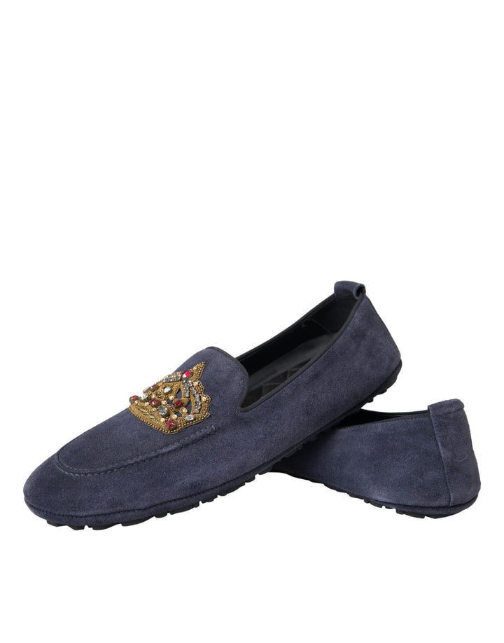 Men’s Dolce &amp; Gabbana Blue Leather Suede Crystal Crown Loafers Shoes