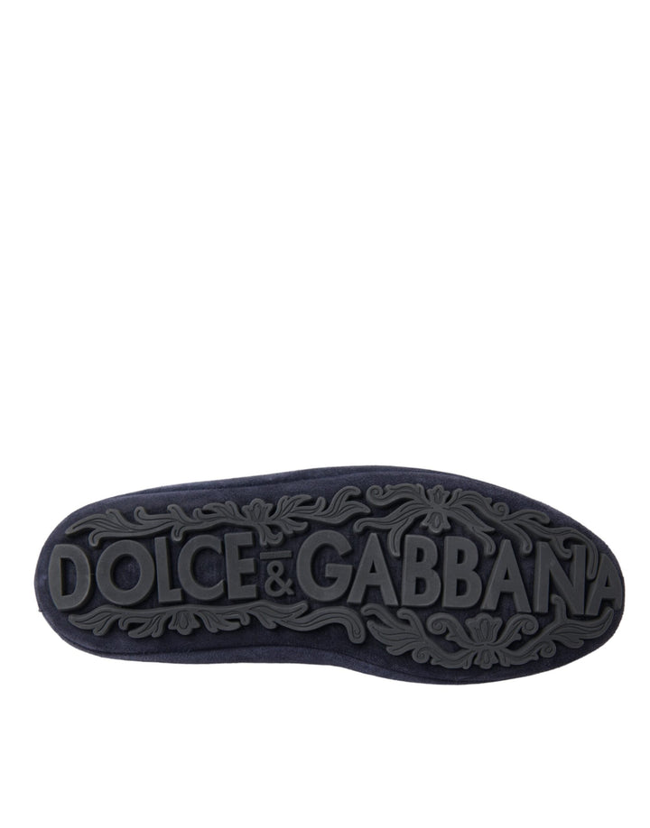 Men’s Dolce &amp; Gabbana Blue Leather Suede Crystal Crown Loafers Shoes