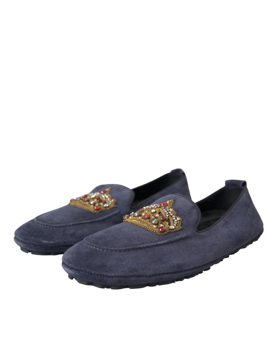 Men’s Dolce &amp; Gabbana Blue Leather Suede Crystal Crown Loafers Shoes