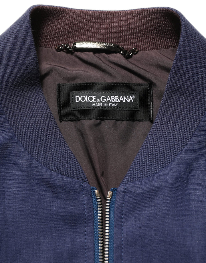 Men’s Dolce &amp; Gabbana Blue Linen Full Zip Men Bomber Jacket
