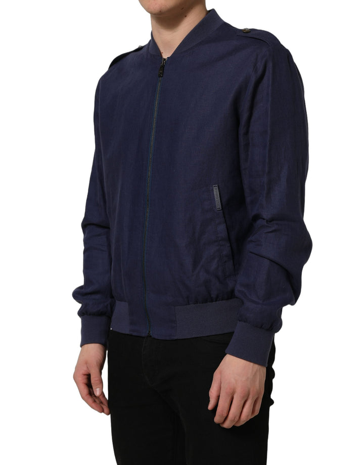 Men’s Dolce &amp; Gabbana Blue Linen Full Zip Men Bomber Jacket