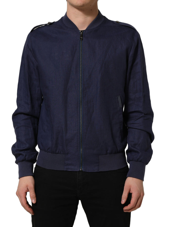 Men’s Dolce &amp; Gabbana Blue Linen Full Zip Men Bomber Jacket
