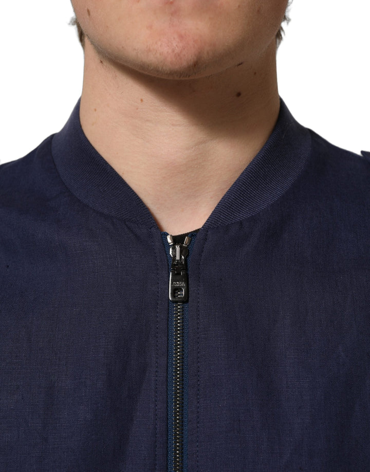 Men’s Dolce &amp; Gabbana Blue Linen Full Zip Men Bomber Jacket