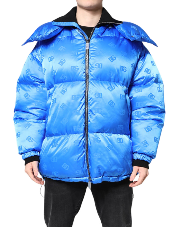 Men’s Dolce &amp; Gabbana Blue Logo Full Zip Hooded Quilted Jacket
