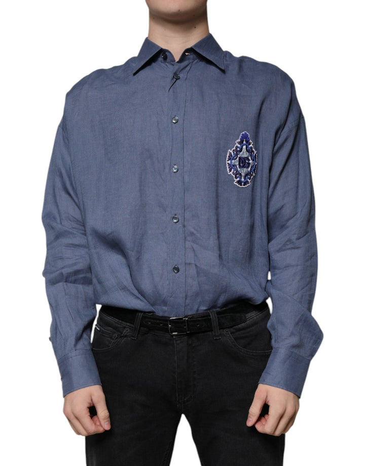 Men’s Dolce &amp; Gabbana Blue Logo Long Sleeve Button Down Casual Shirt