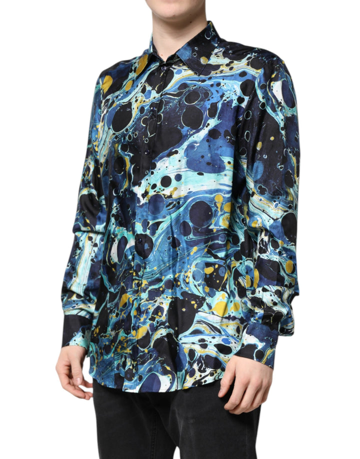 Men’s Dolce &amp; Gabbana Blue Marble Print Martini Dress Formal Shirt