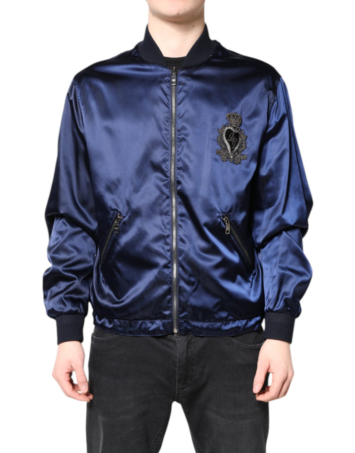 Men’s Dolce &amp; Gabbana Blue Nylon Dg Crown Full Zip Bomber Jacket