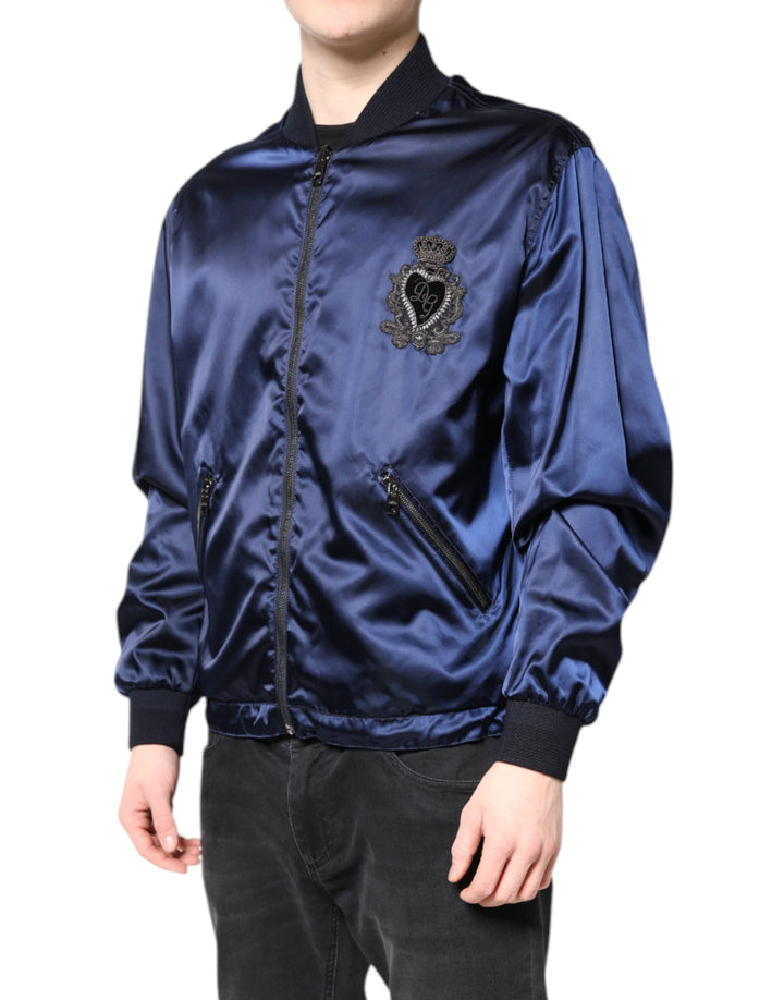 Men’s Dolce &amp; Gabbana Blue Nylon Dg Crown Full Zip Bomber Jacket