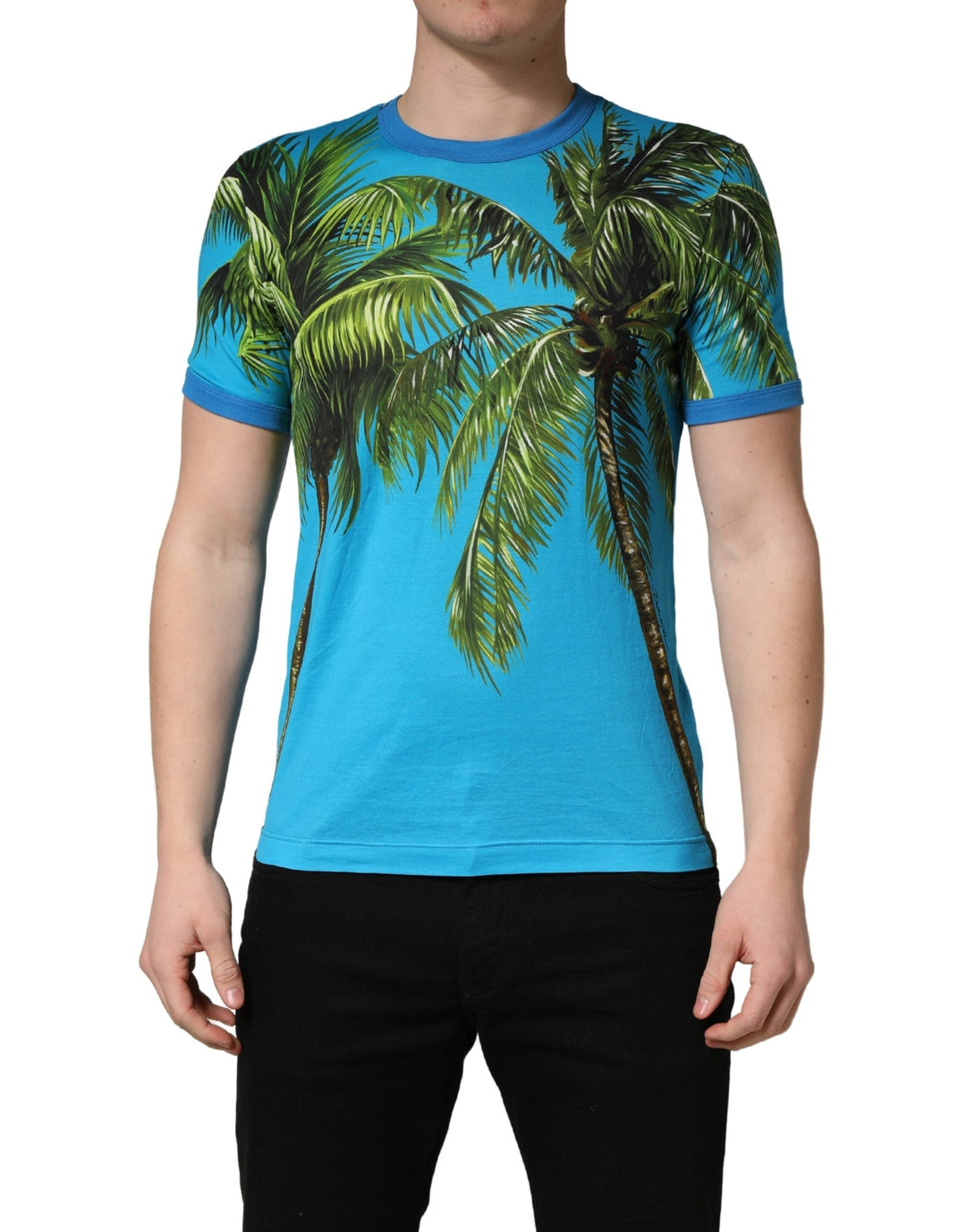 Dolce &amp; Gabbana Blue Palm Tree Print Cotton Crewneck T-shirt