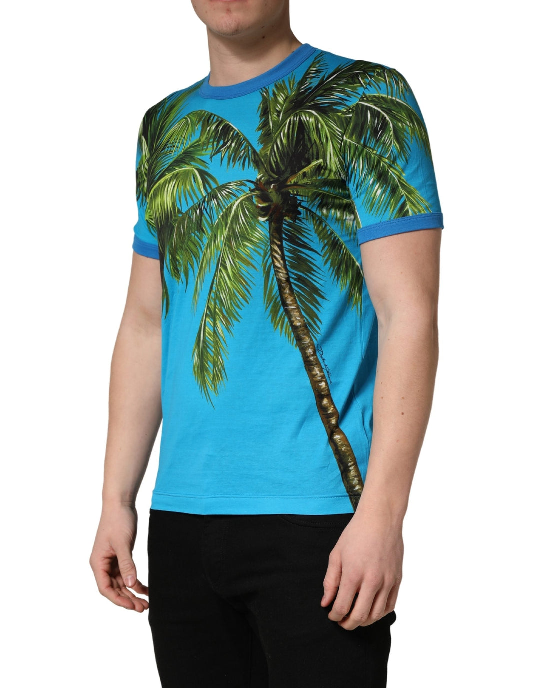 Dolce &amp; Gabbana Blue Palm Tree Print Cotton Crewneck T-shirt