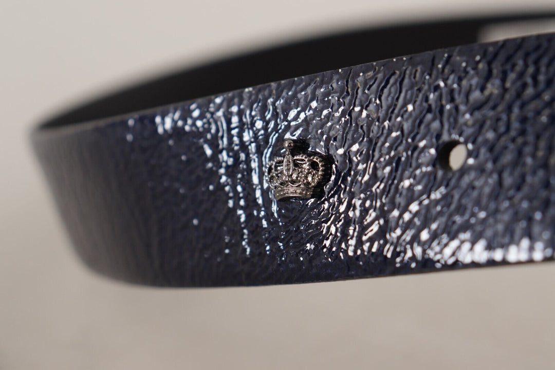 Dolce &amp; Gabbana Blue Patent Leather Vernice Silver Logo Buckle Belt