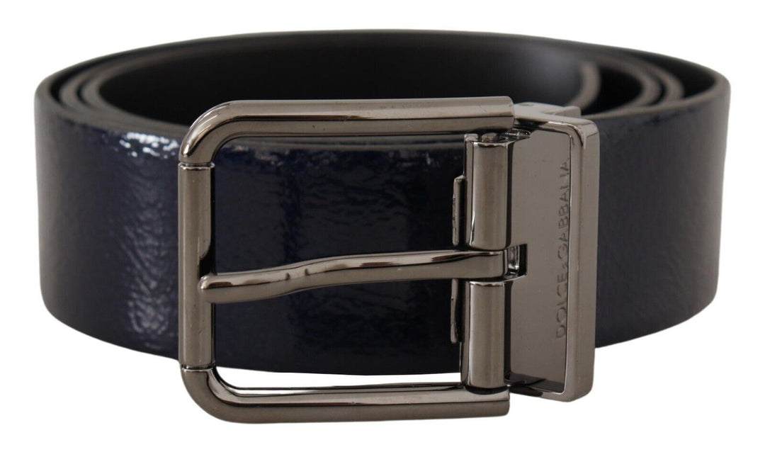 Dolce &amp; Gabbana Blue Patent Leather Vernice Silver Logo Buckle Belt