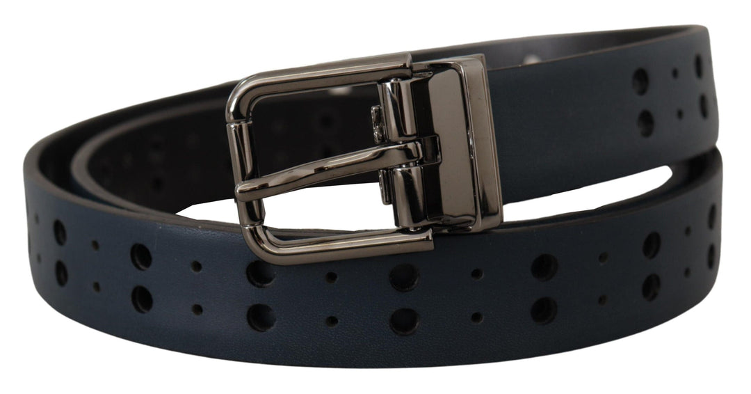 Dolce &amp; Gabbana Blue Perforated Skinny Leather Metal Buckle Belt