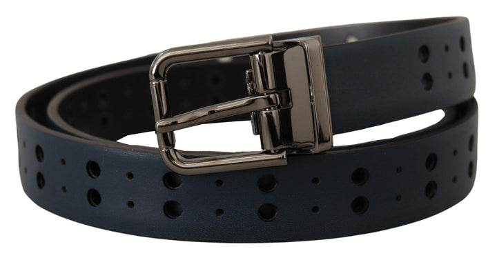 Dolce &amp; Gabbana Blue Perforated Skinny Leather Metal Buckle Belt
