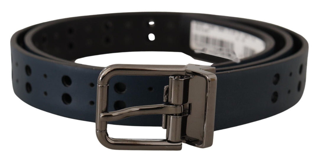 Dolce &amp; Gabbana Blue Perforated Skinny Leather Metal Buckle Belt