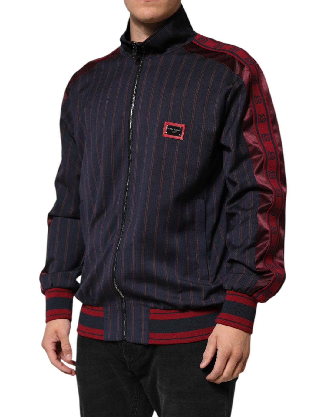 Men’s Dolce &amp; Gabbana Blue Red Striped Logo Plaque Full Zip Jacket