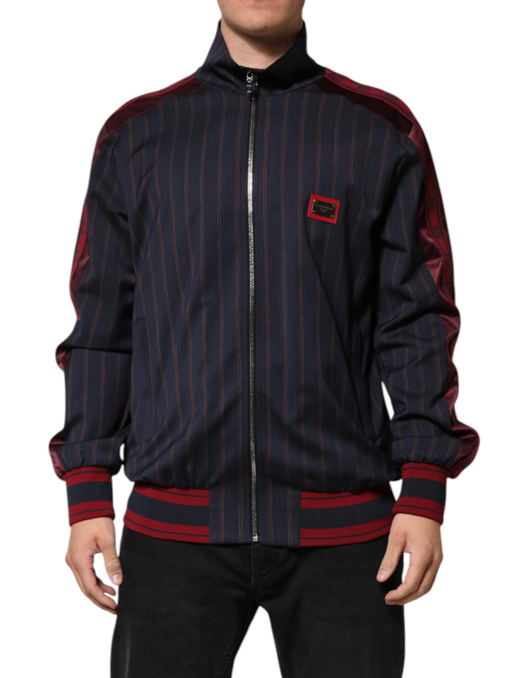 Men’s Dolce &amp; Gabbana Blue Red Striped Logo Plaque Full Zip Jacket