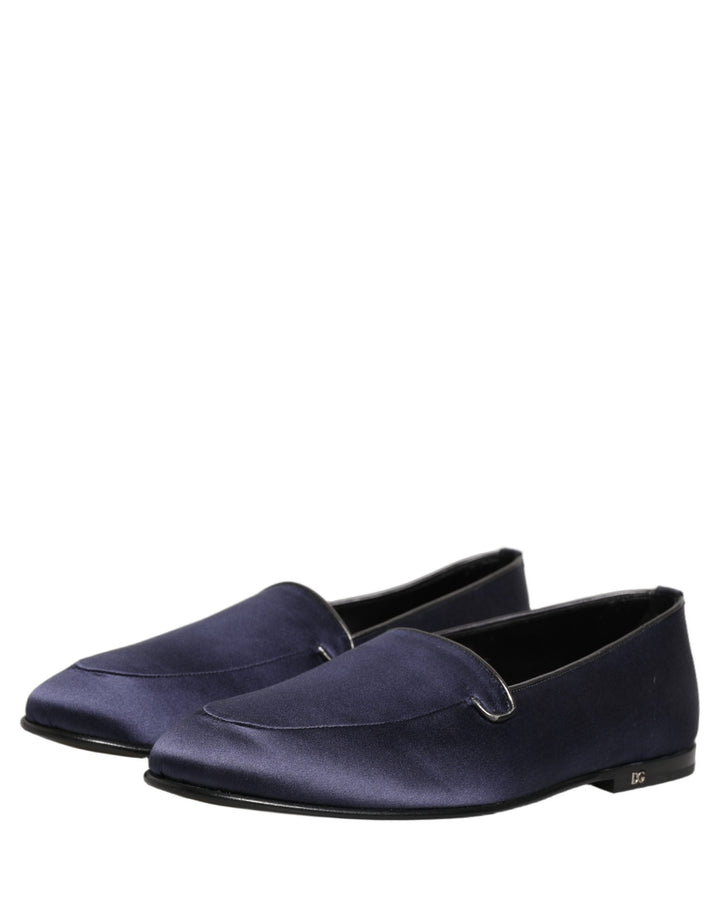 Men’s Dolce &amp; Gabbana Blue Satin Logo Slip on Flats Loafers Shoes