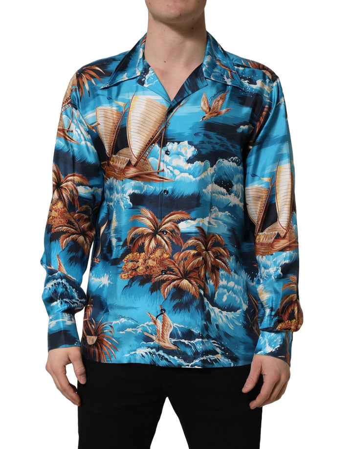 Dolce &amp; Gabbana Blue Silk Twill Hawaiian Graphicprint Shirt