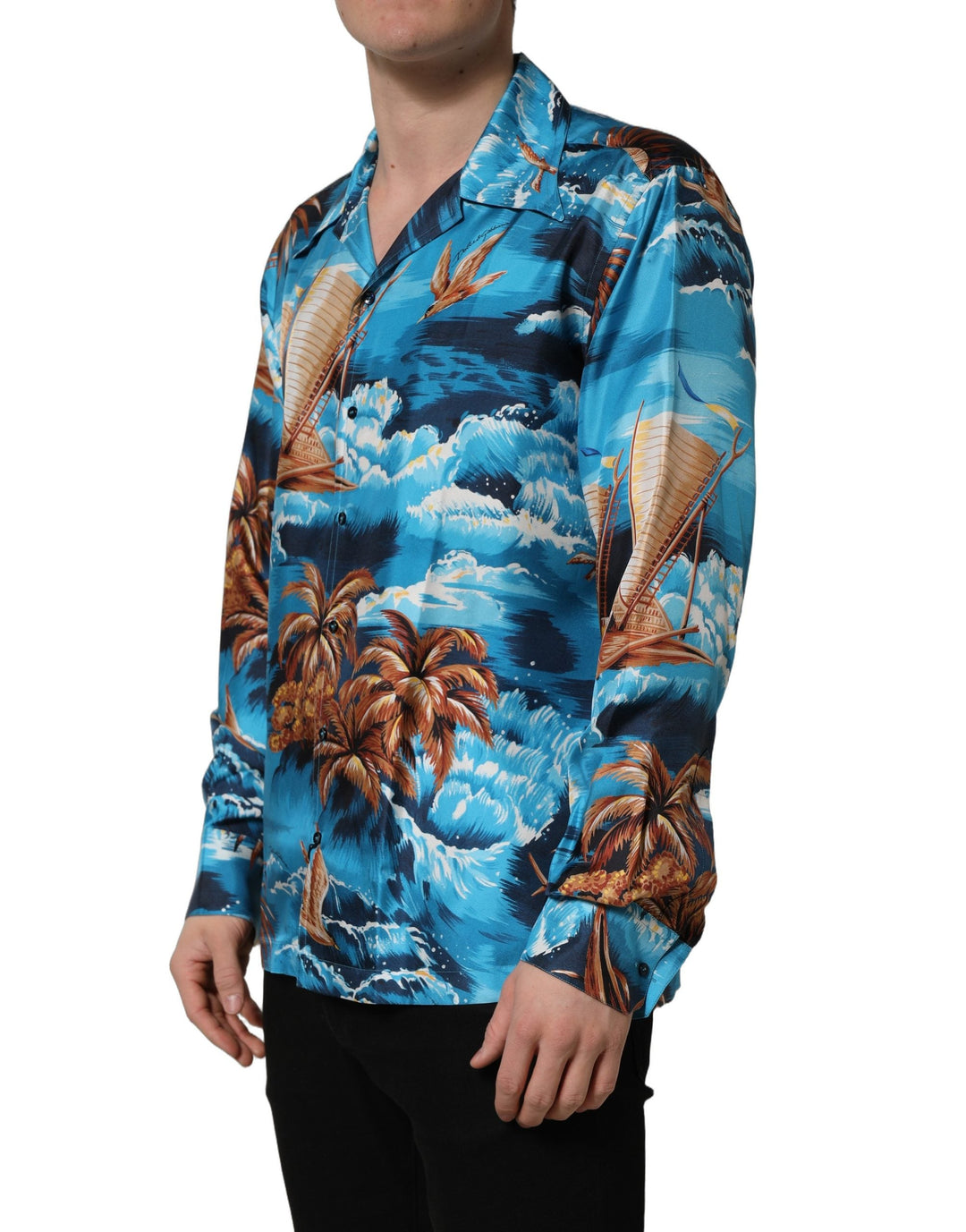 Dolce &amp; Gabbana Blue Silk Twill Hawaiian Graphicprint Shirt