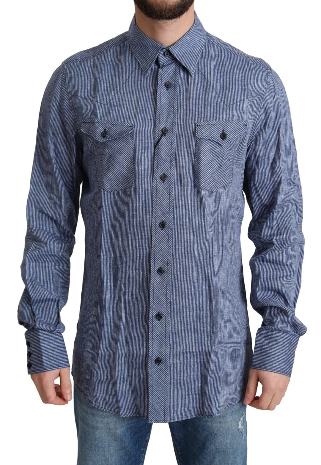 Men’s Dolce &amp; Gabbana Blue Stripes Men Casual Button Down Shirt