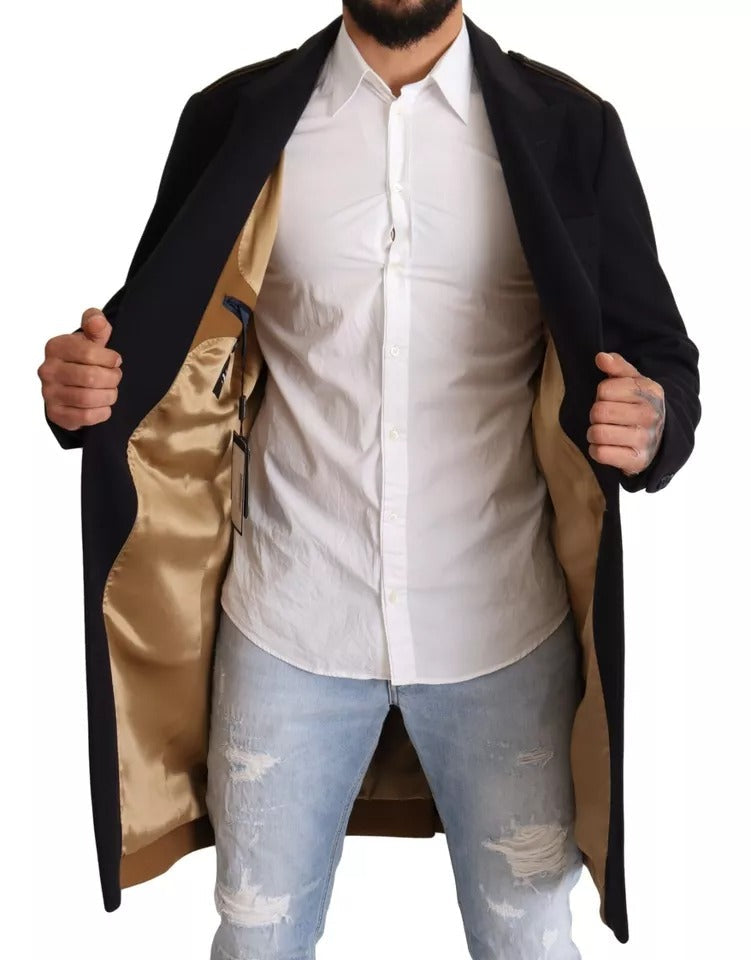 Men’s Dolce & Gabbana Blue Trench Coat Long Wool Stretch Jacket
