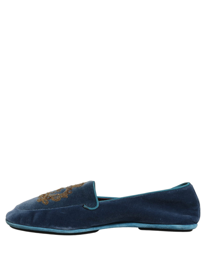 Men’s Dolce &amp; Gabbana Blue Velvet Crown Embroidery Loafers Shoes