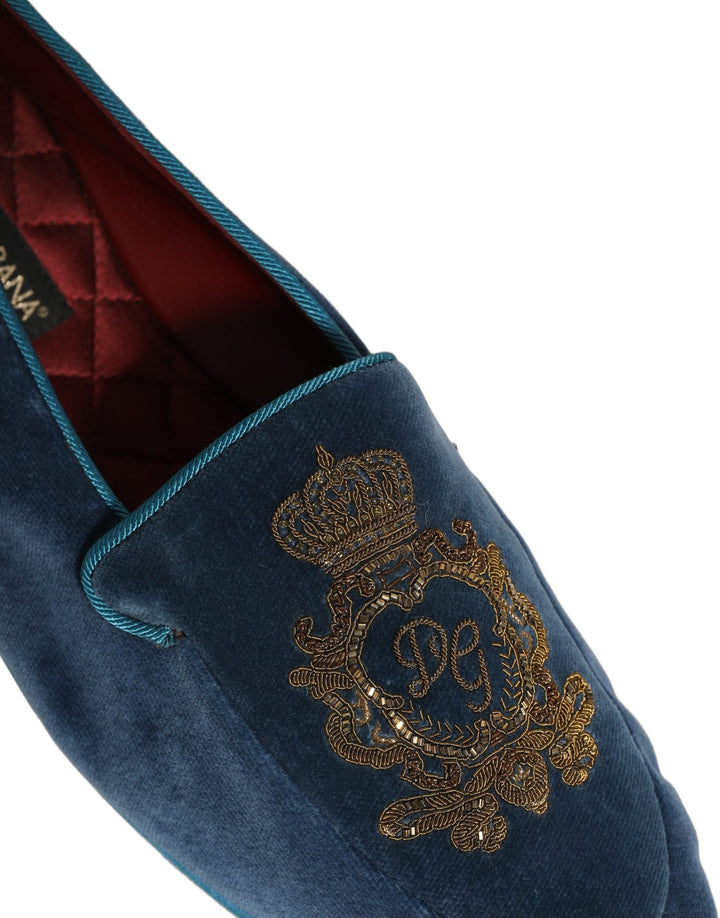 Men’s Dolce &amp; Gabbana Blue Velvet Crown Embroidery Loafers Shoes
