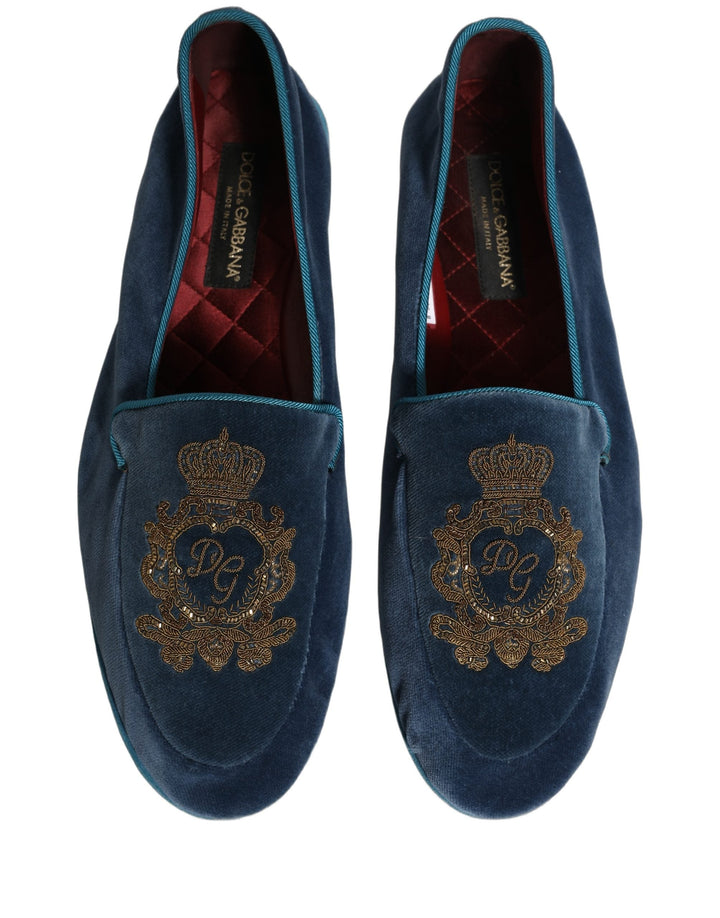 Men’s Dolce &amp; Gabbana Blue Velvet Crown Embroidery Loafers Shoes