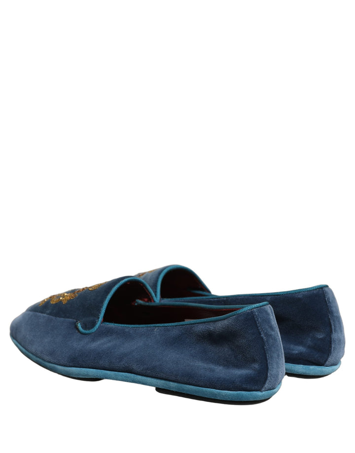 Men’s Dolce &amp; Gabbana Blue Velvet Crown Embroidery Loafers Shoes