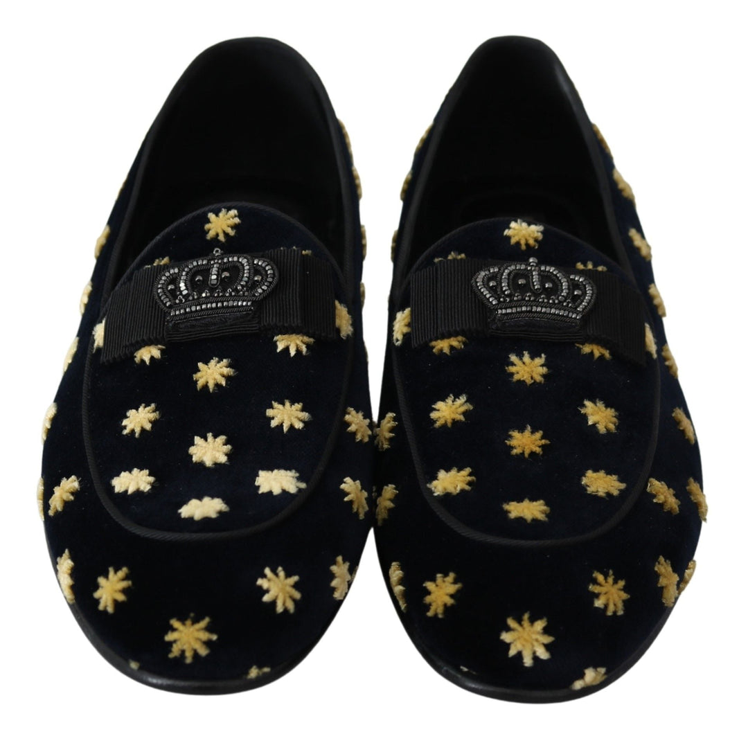 Men’s Dolce &amp; Gabbana Blue Velvet Crown Slippers Loafers Shoes