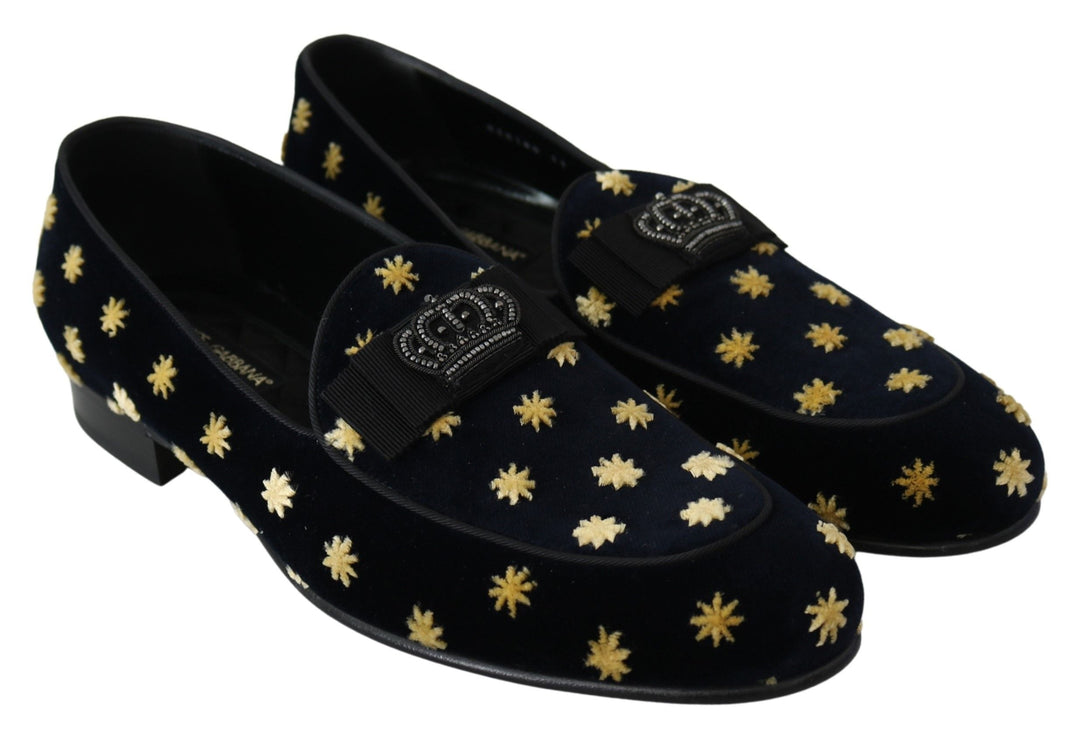 Men’s Dolce &amp; Gabbana Blue Velvet Crown Slippers Loafers Shoes