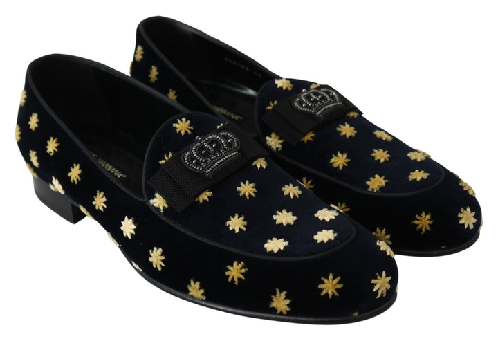 Men’s Dolce &amp; Gabbana Blue Velvet Crown Slippers Loafers Shoes