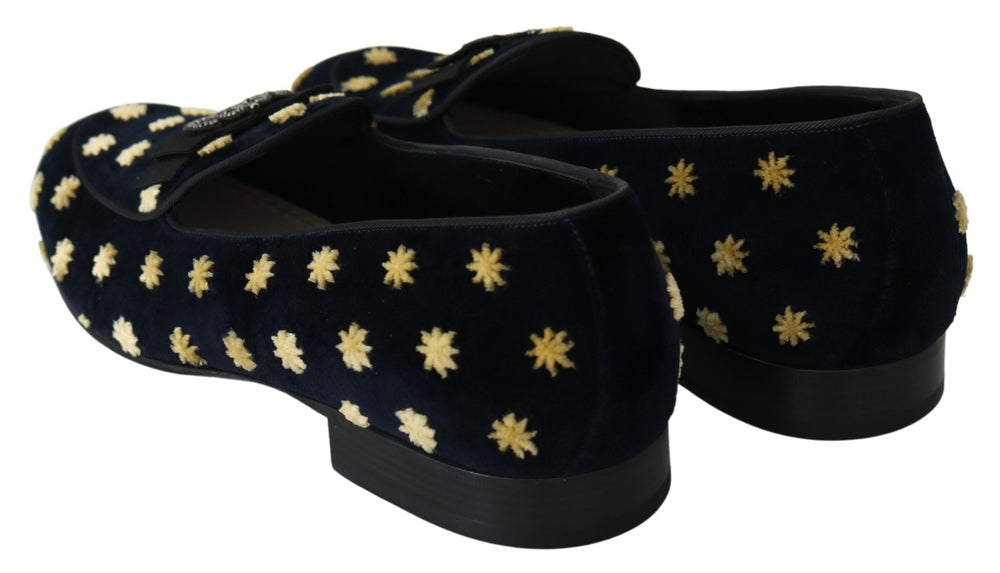 Men’s Dolce & Gabbana Blue Velvet Crown Slippers Loafers Shoes