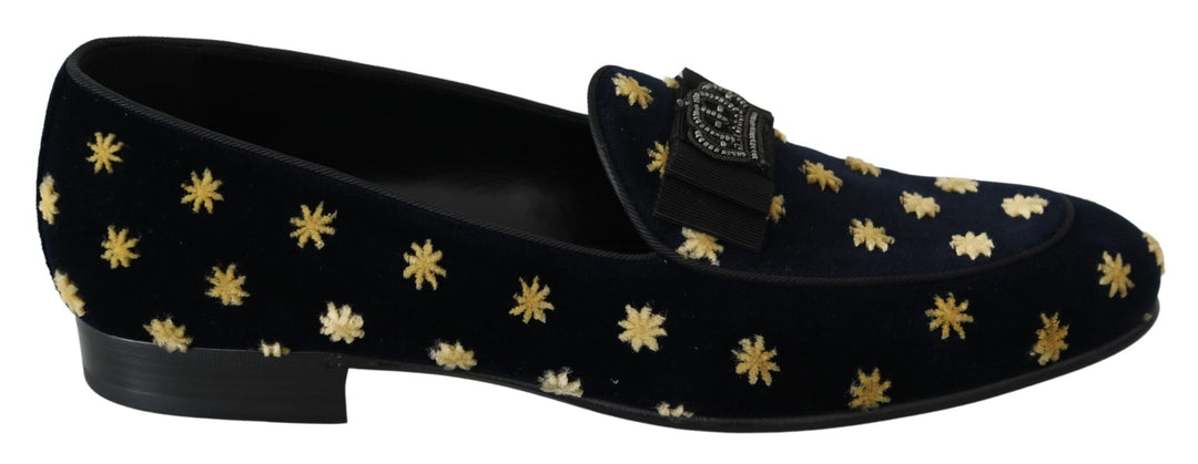 Men’s Dolce & Gabbana Blue Velvet Crown Slippers Loafers Shoes
