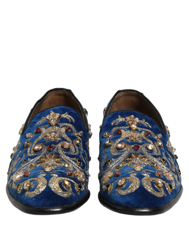 Men’s Dolce &amp; Gabbana Blue Velvet Embellished Dress Loafers Shoes