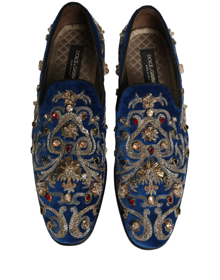 Men’s Dolce &amp; Gabbana Blue Velvet Embellished Dress Loafers Shoes