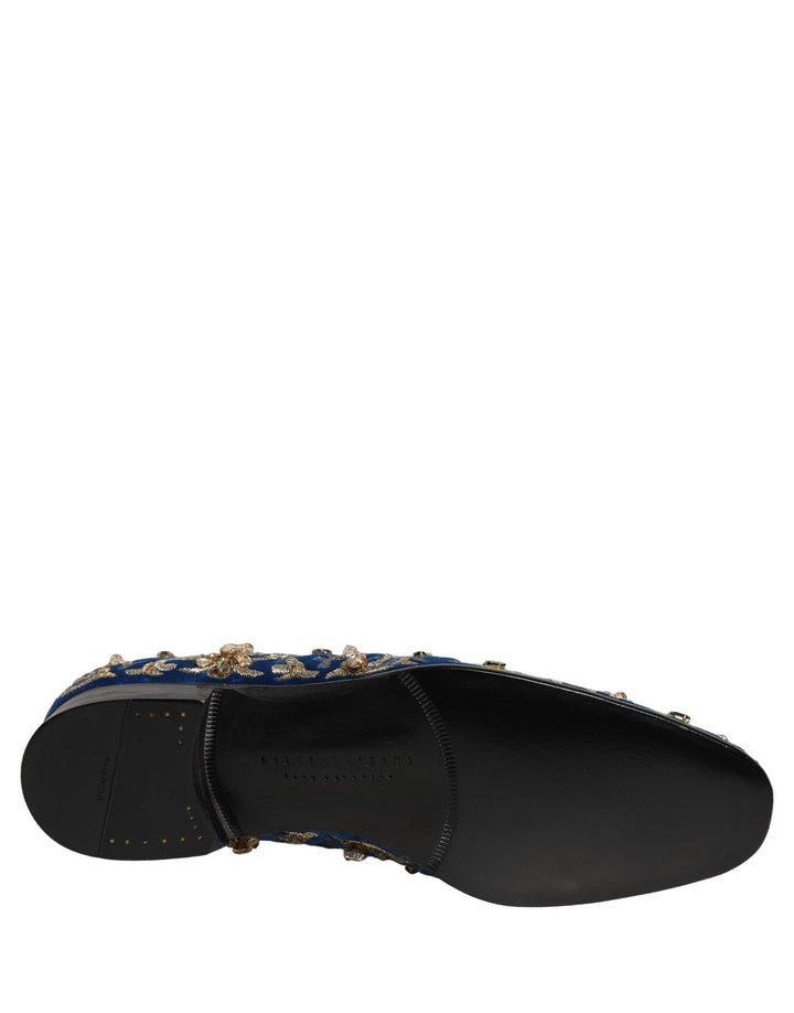 Men’s Dolce &amp; Gabbana Blue Velvet Embellished Dress Loafers Shoes