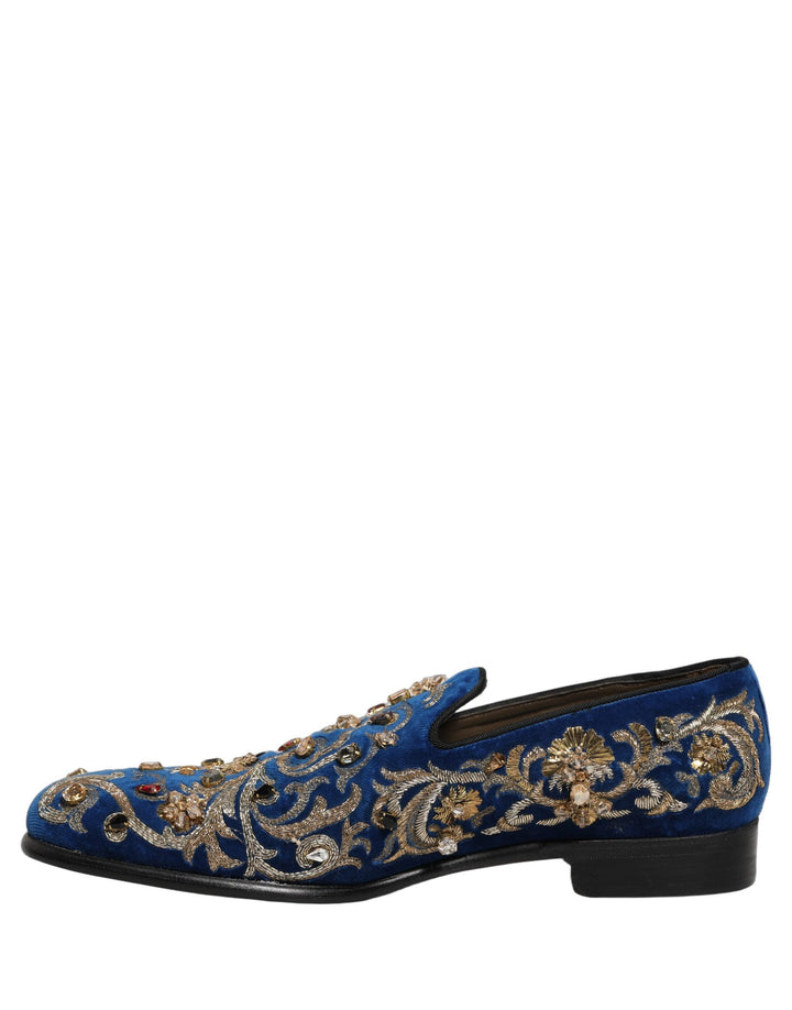 Men’s Dolce &amp; Gabbana Blue Velvet Embellished Dress Loafers Shoes
