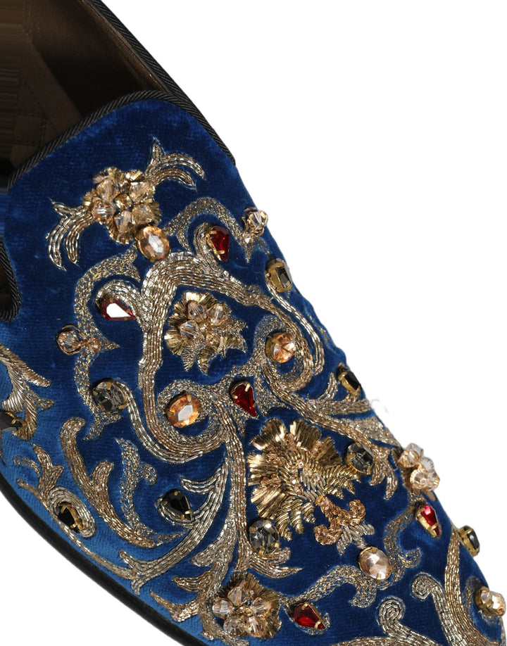 Men’s Dolce &amp; Gabbana Blue Velvet Embellished Dress Loafers Shoes