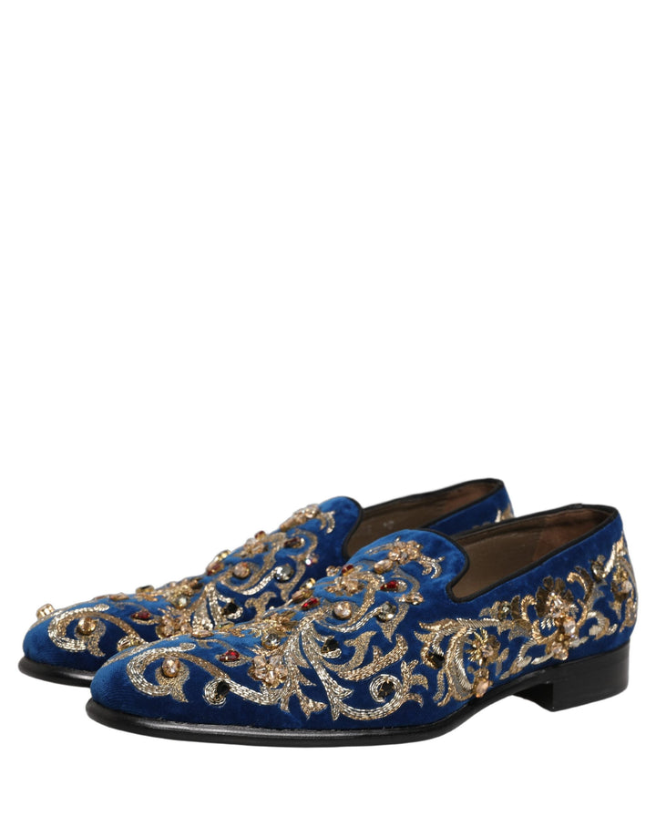 Men’s Dolce &amp; Gabbana Blue Velvet Embellished Dress Loafers Shoes