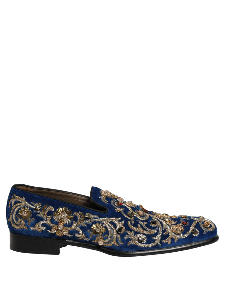 Men’s Dolce &amp; Gabbana Blue Velvet Embellished Dress Loafers Shoes
