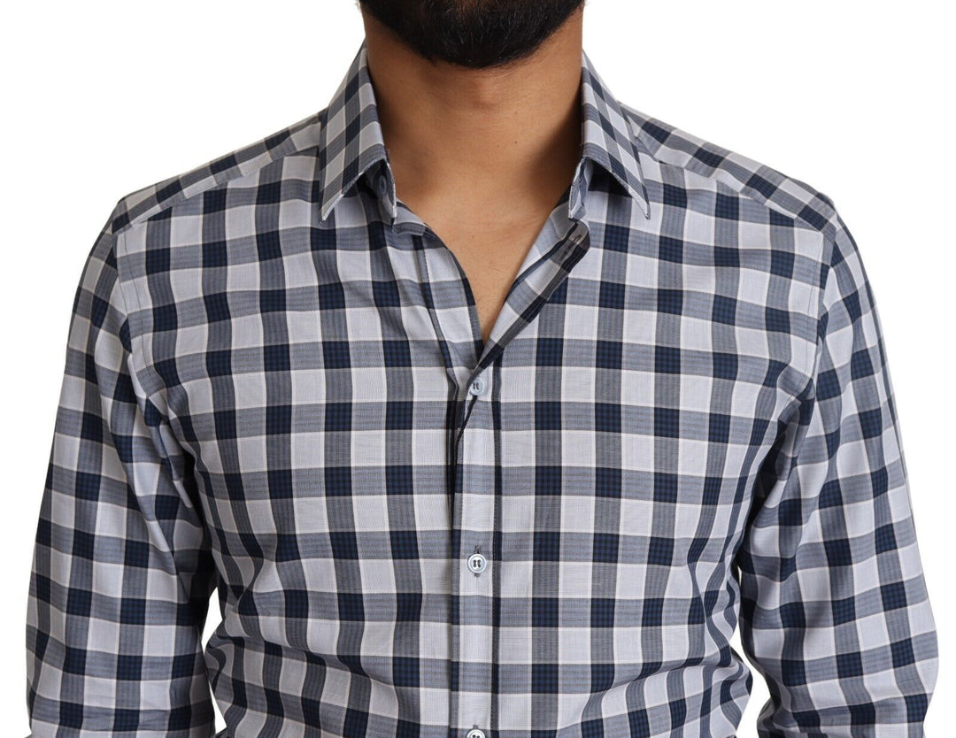Dolce &amp; Gabbana Blue White Check Cotton Slim Fit Gold Shirt