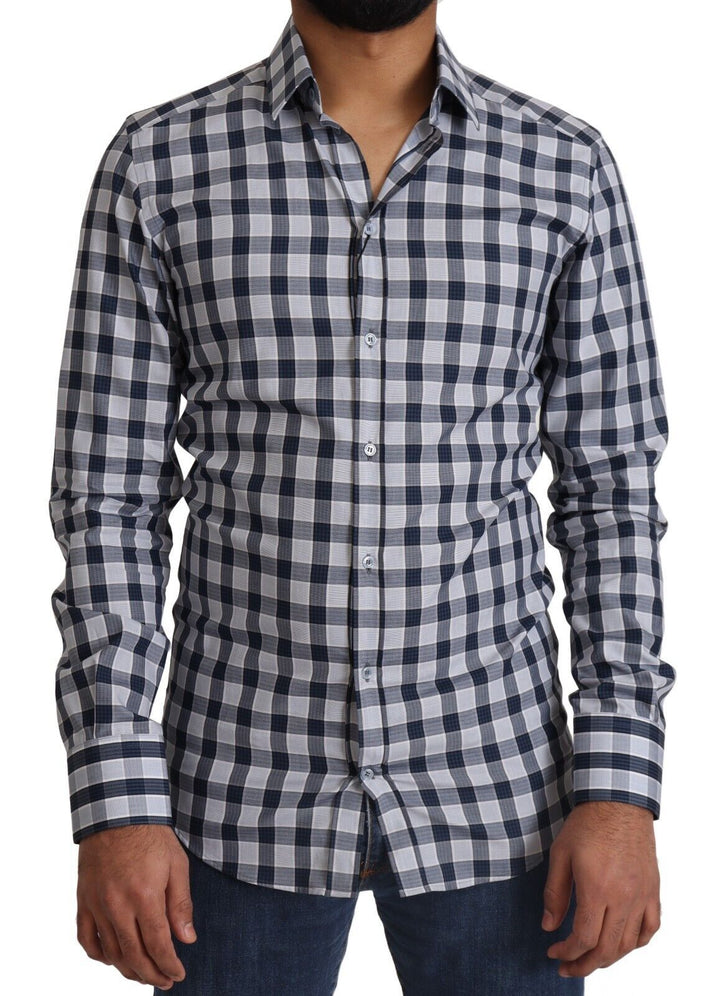 Dolce &amp; Gabbana Blue White Check Cotton Slim Fit Gold Shirt