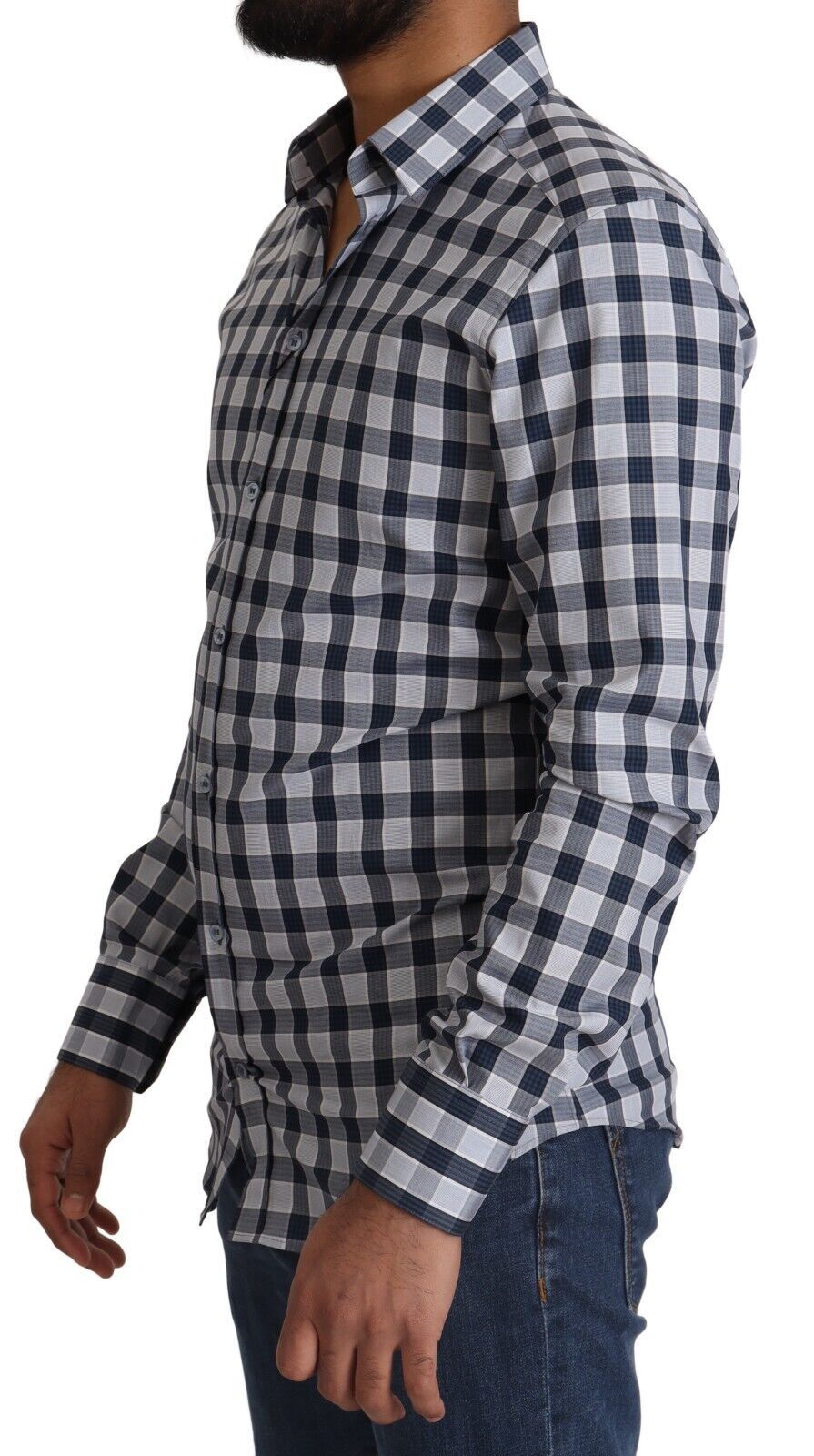 Dolce & Gabbana Blue White Check Cotton Slim Fit Gold Shirt