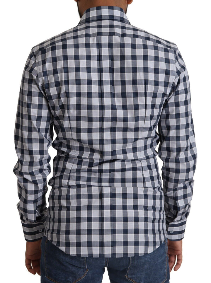 Dolce &amp; Gabbana Blue White Check Cotton Slim Fit Gold Shirt